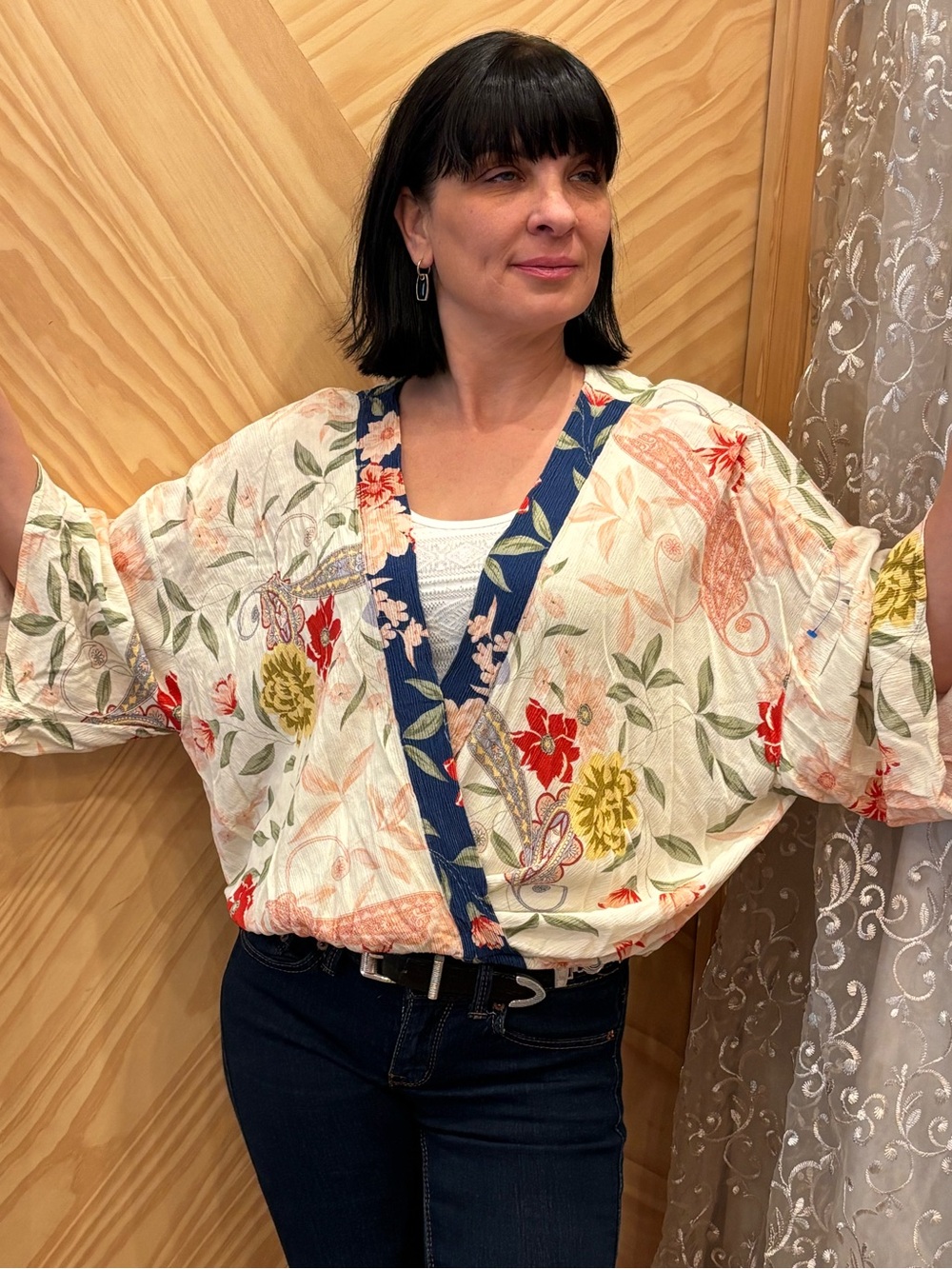 Charlie Floral Print Batwing Wrap Top in Cream with Navy Trim